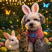 Bella Punter joined the competition — help win amazing prizes! animal, bunny_ears, butterflies, celebration, colorful, cute, dog, easter_eggs, fairy_lights, fluffy, glowing, grass, nature, night, outdoor, pet_tag, pink_sweater, rabbits, small_dog, spring