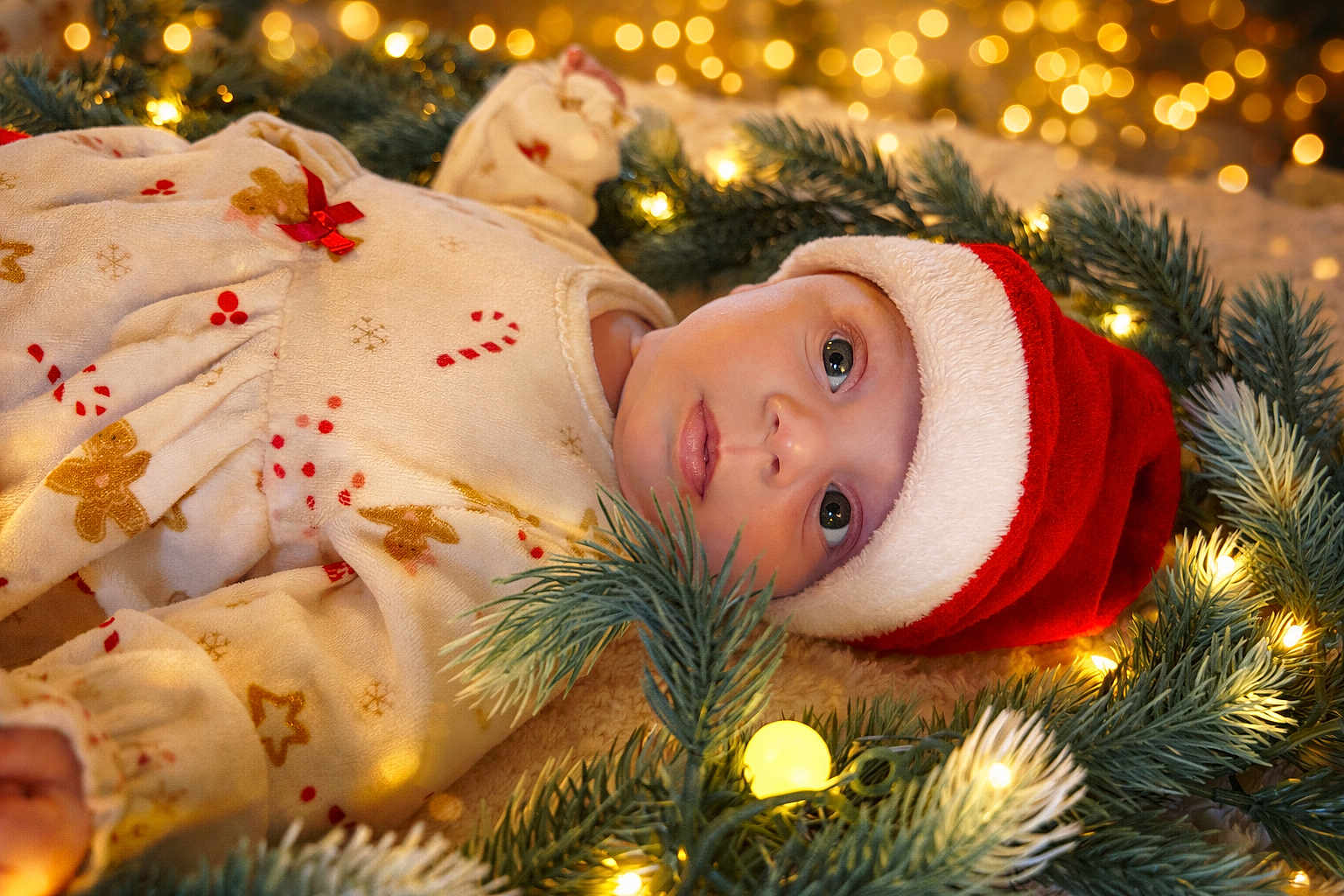 Romi a rejoint le concours — aidez-le/la à gagner de superbes lots ! baby, child, santa_hat, christmas_lights, pine_branches, holiday, festive, pajamas, cute, portrait, face, indoors, celebration, newborn, smiling, christmas, seasonal, soft_lighting, holiday_decor, cozy