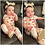 Gianna is registered to the contest to win money with this photo: baby, child, infant, headband, bow, sitting, sofa, couch, clothing, footwear, slippers, patterned_outfit, curly_hair, indoor, portrait, cute, relaxed, hands, expression, light