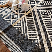 Ethan Lease joined the competition — help win amazing prizes! cat, orange_cat, tabby, pet, toy_bunny, plush_toy, rug, geometric_pattern, indoor, floor, wooden_floor, paw, playful, lying, ear, cute, white_toy, slipper, human_toe, cozy