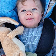 Evan participe au concours pour gagner de l'argent avec cette photo : baby, infant, child, portrait, smile, blue_blanket, plush_toy, stroller, car_seat, blue_eyes, eyelashes, sweater, closeup, cozy, blanket, soft_toy, hand, toy, fabric, cute