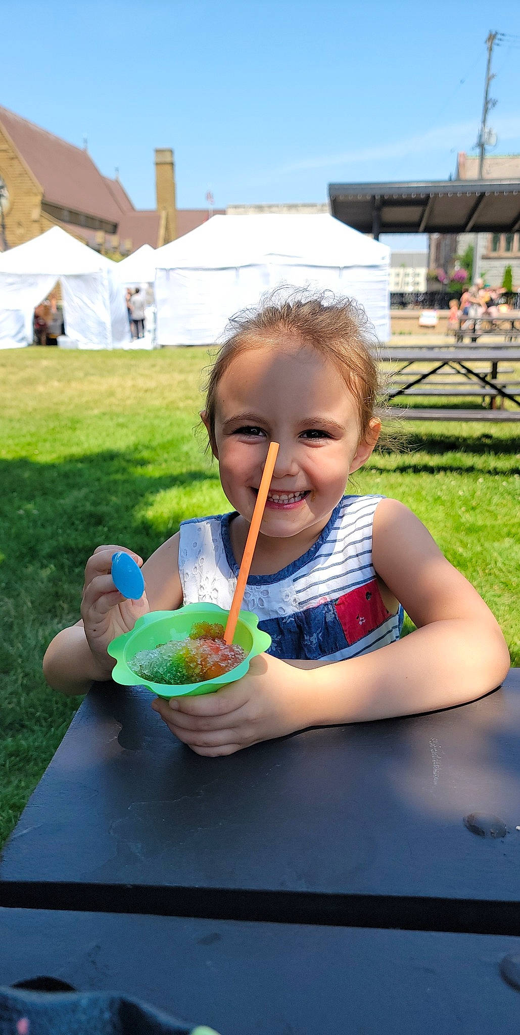 Julia joined the competition — help win amazing prizes! baby_toddler_clothing, child, dress, eating, food, food_craving, fun, grass, happy, joy, leisure, person, play, sitting, sky, smile, summer, sweetness, table, tableware