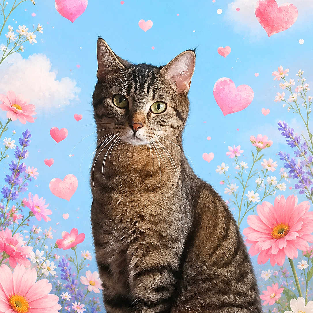 Soso a rejoint le concours — aidez-le/la à gagner de superbes lots ! cat, tabby, animal, pet, flower, pink_heart, background, blue_sky, cloud, whimsical, nature, portrait, cute, feline, floral, colorful, sitting, outdoor_style, illustration_background, adorable