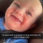Ozzy joined the competition — help win amazing prizes! baby, child, infant, smiling, happy, face, portrait, car_seat, vehicle, road_trip, travel, indoor, sunlight, blue_clothing, close_up, baby_carrier, gummy_smile, sitting, text_overlay, location_stamp