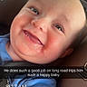 baby, child, infant, smiling, happy, face, portrait, car_seat, vehicle, road_trip, travel, indoor, sunlight, blue_clothing, close_up, baby_carrier, gummy_smile, sitting, text_overlay, location_stamp