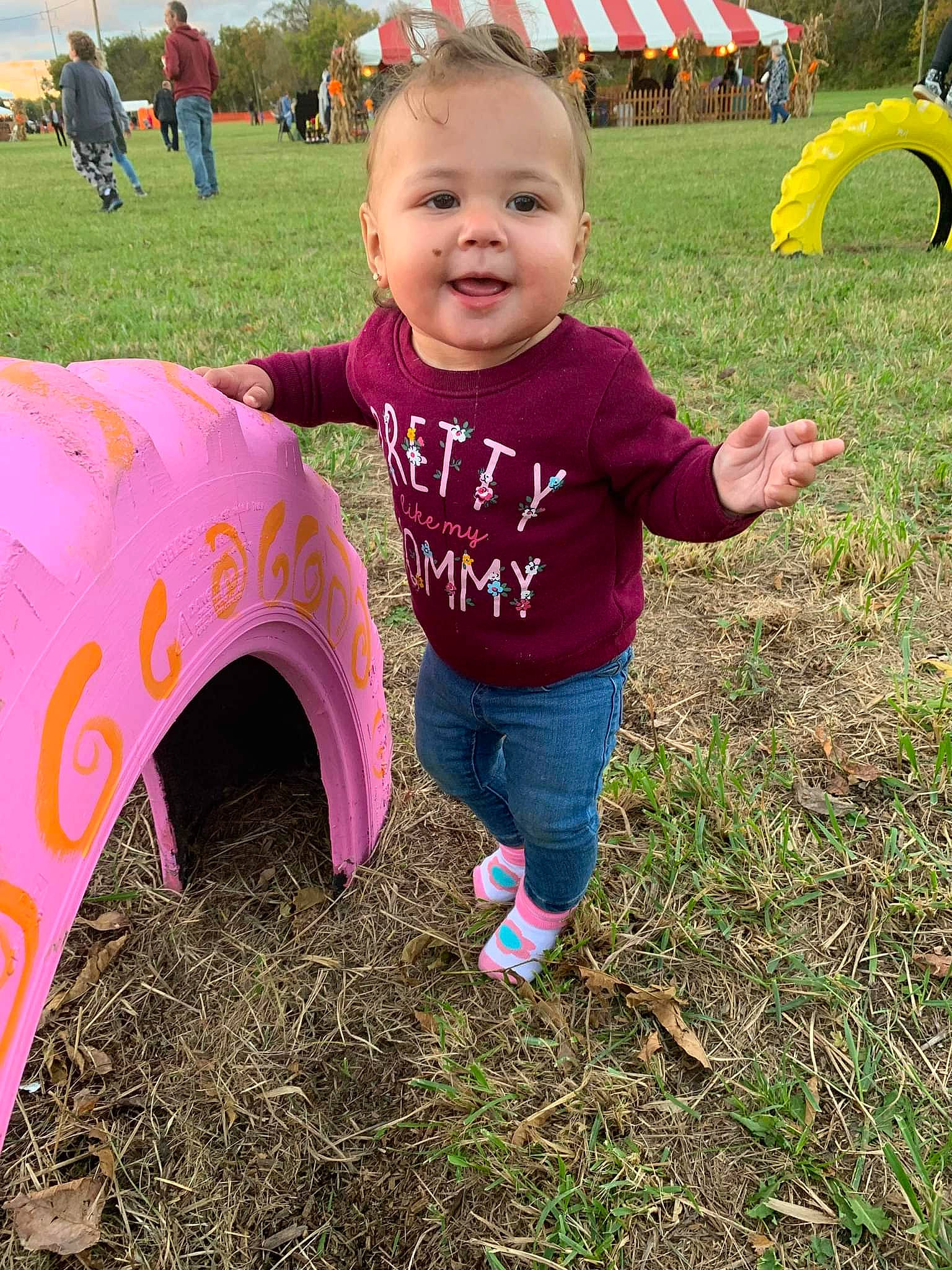 Peyton joined the competition — help win amazing prizes! baby_toddler_clothing, clothing, fun, grass, grass_family, grassland, green, happy, human_body, lawn, leaf, leisure, people_in_nature, person, pink, plant, recreation, smile, toddler, tree