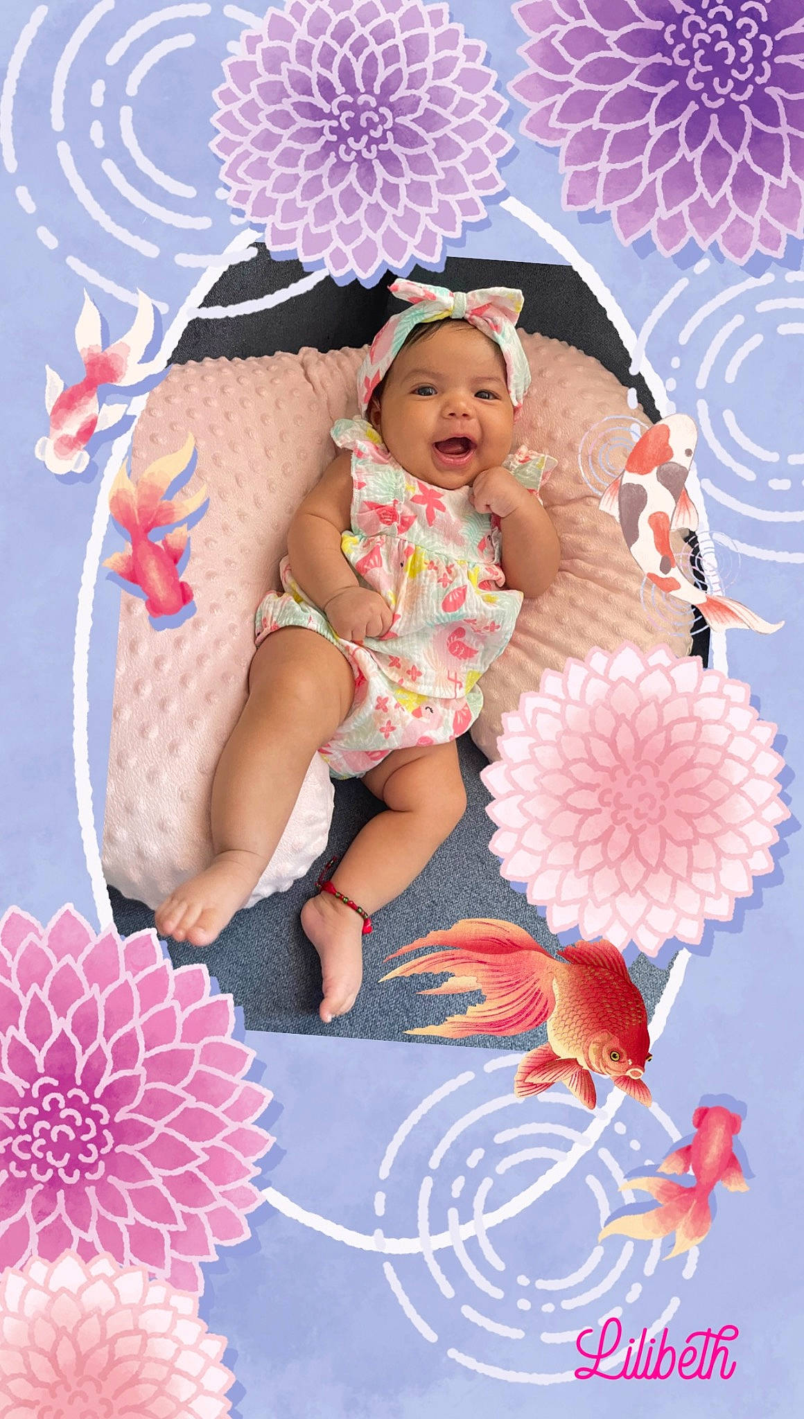 Lilibeth is registered to the contest to win money with this photo: art, baby, baby_products, baby_toddler_clothing, child, fashion_accessory, happy, headwear, human_leg, linens, lotus, magenta, pattern, peach, person, petal, pink, product, room, textile