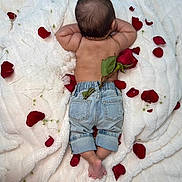 Amir is registered to the contest to win money with this photo: baby, infant, denim_jeans, rose, rose_petals, blanket, soft_texture, flower, skin, back_view, cute, small_feet, rolled_jeans, relaxing, lying_down, nature_elements, decorative, adorable, peaceful, young_child