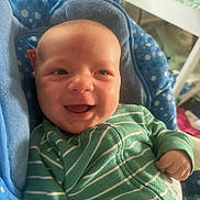 Samuel joined the competition — help win amazing prizes! baby, baby_boy, blue_cushion, child, comfort, cozy, cute, expression, green_clothing, happy, head_support, indoor, infant, person, polka_dots, portrait, seat, smiling, striped_clothing, young_child