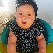 Eliana participe au concours pour gagner de l'argent avec cette photo : baby, child, infant, headband, polka_dot, dress, floral_pattern, sitting, baby_seat, toy, hands, face, expression, surprised, indoor, wall, floor, bright, cute, portrait