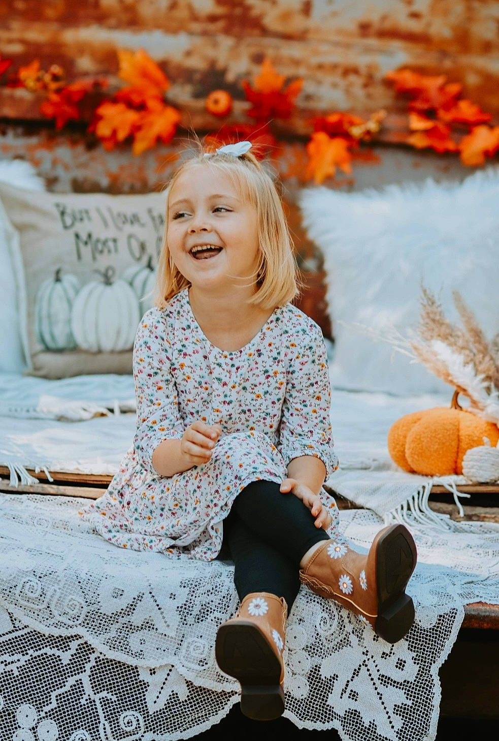 Teigan joined the competition — help win amazing prizes! baby_toddler_clothing, calabaza, child, dress, event, fun, grass, happy, hat, joy, leaf, leisure, orange, people_in_nature, person, photograph, pumpkin, sitting, smile, sun_hat