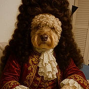 Boubou participe au concours pour gagner de l'argent avec cette photo : aristocratic, beige, brown, costume, curly_fur, curly_hair, dog, fabric, funny, furniture, historical, indoor, lace, lace_cuffs, portrait, portrait_style, puppy, red_clothing, sitting, wig