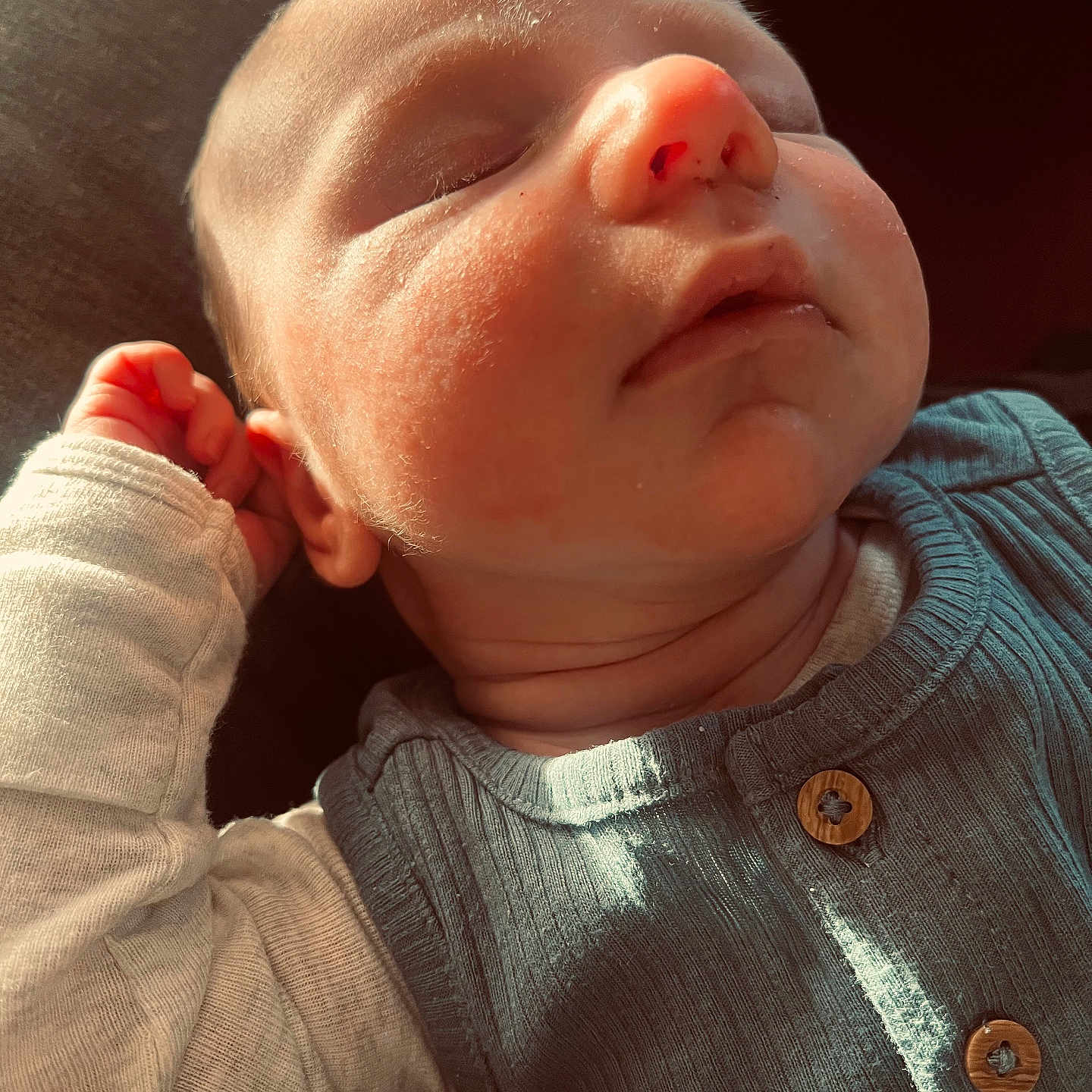 Emmett joined the competition — help win amazing prizes! baby, bodypart, clothing, face, finger, frown, hand, head, knitwear, machine, neck, newborn, person, photography, portrait, sad, screw, sweater