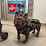 dog, french_bulldog, pet, harness, leash, indoor, store, retail, sign, poster, advertisement, pet_wash, tile_floor, wrinkled_face, big_ears, tongue, cute, standing, shopping_cart_wheel, closeup