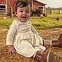 baby, child, smiling, dress, boots, straw, barn, tractor, chickens, outdoor, farm, grass, sunlight, rural, happy, portrait, person, nature, headband, cute