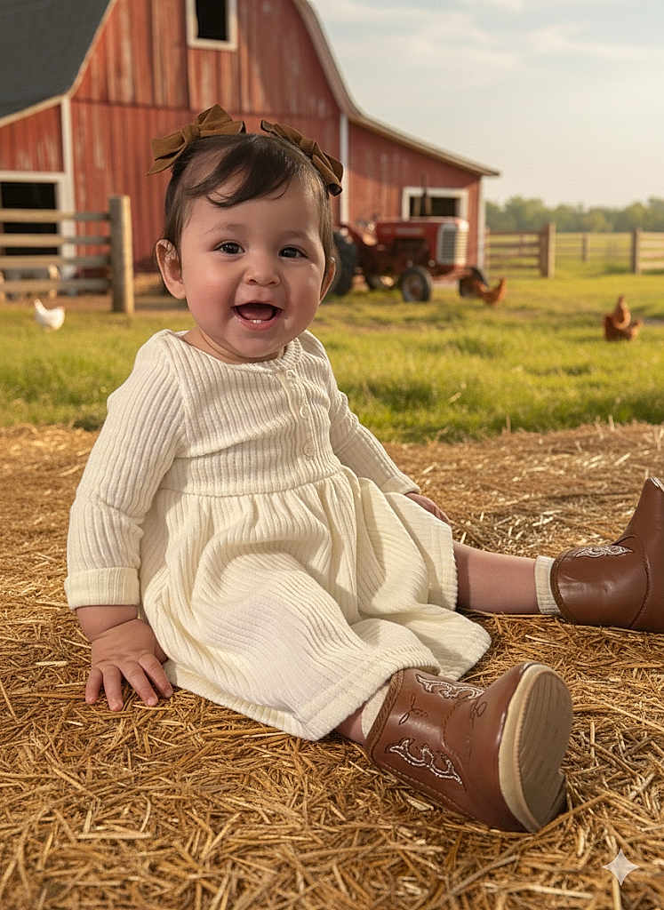 Kamila joined the competition — help win amazing prizes! baby, child, smiling, dress, boots, straw, barn, tractor, chickens, outdoor, farm, grass, sunlight, rural, happy, portrait, person, nature, headband, cute