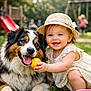 toddler, child, dog, playground, grass, toy, hat, smile, happy, summer, outdoor, pet, baby, ball, greenery, cute, fun, play, friendship, nature