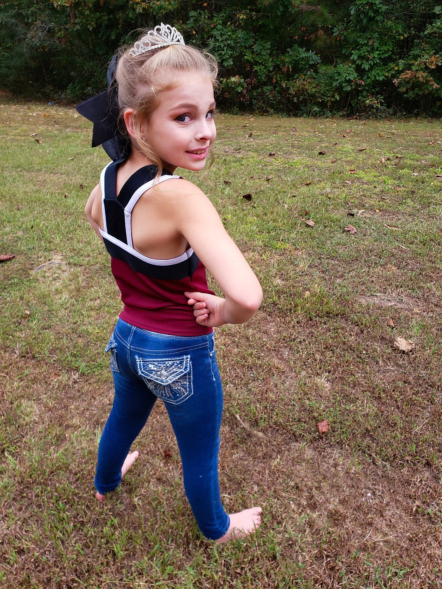 Emily joined the competition — help win amazing prizes! blond, child, child_model, electric_blue, fun, grass, happy, person, plant, recreation, running, smile, tree