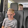 child, boy, car, backseat, seat, window, road, vehicle, gray, tshirt, smile, portrait, interior, seatbelt, hair, face, casual, young, sitting, travel