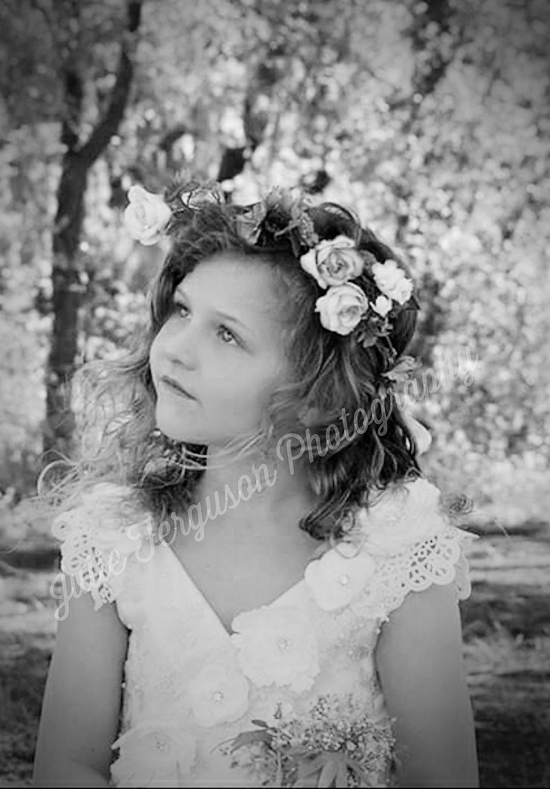 Fallon joined the competition — help win amazing prizes! beauty, black_and_white, bouquet, bride, child, dress, fashion_accessory, flower, gown, hair_accessory, headgear, headpiece, monochrome_photography, person, photo_shoot, photograph, photography, plant, portrait, stock_photography