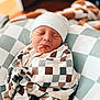 Bohdi joined the competition — help win amazing prizes! newborn, baby, infant, blanket, checkered_pattern, hat, knit_cap, face, sleepy, wrapped, cozy, indoor, soft_light, expression, puckered_lips, child, person, portrait, cute, resting