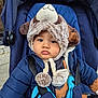 baby, blue, brown, bundle_up, child, coat, cute, expression, face, fur_hat, hat, jacket, outdoor, pom_poms, portrait, seat_belt, stroller, toddler, warm, winter_clothes