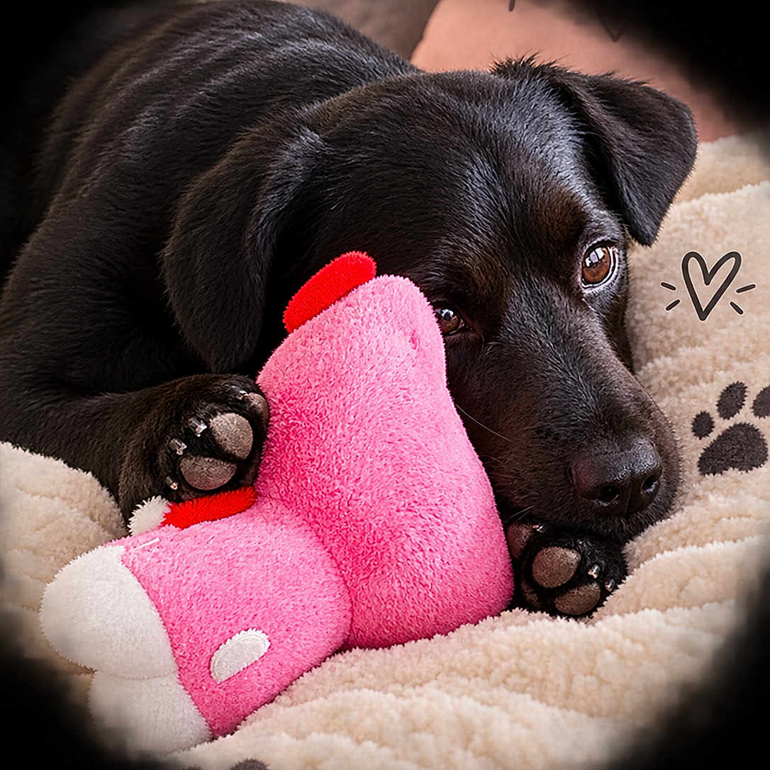 Onyx participe au concours pour gagner de l'argent avec cette photo : dog, puppy, black_dog, pet, animal, cuddling, stuffed_animal, pink_toy, plush_toy, blanket, cozy, indoors, lying_down, paws, brown_eyes, floppy_ears, black_fur, cute, heart, portrait