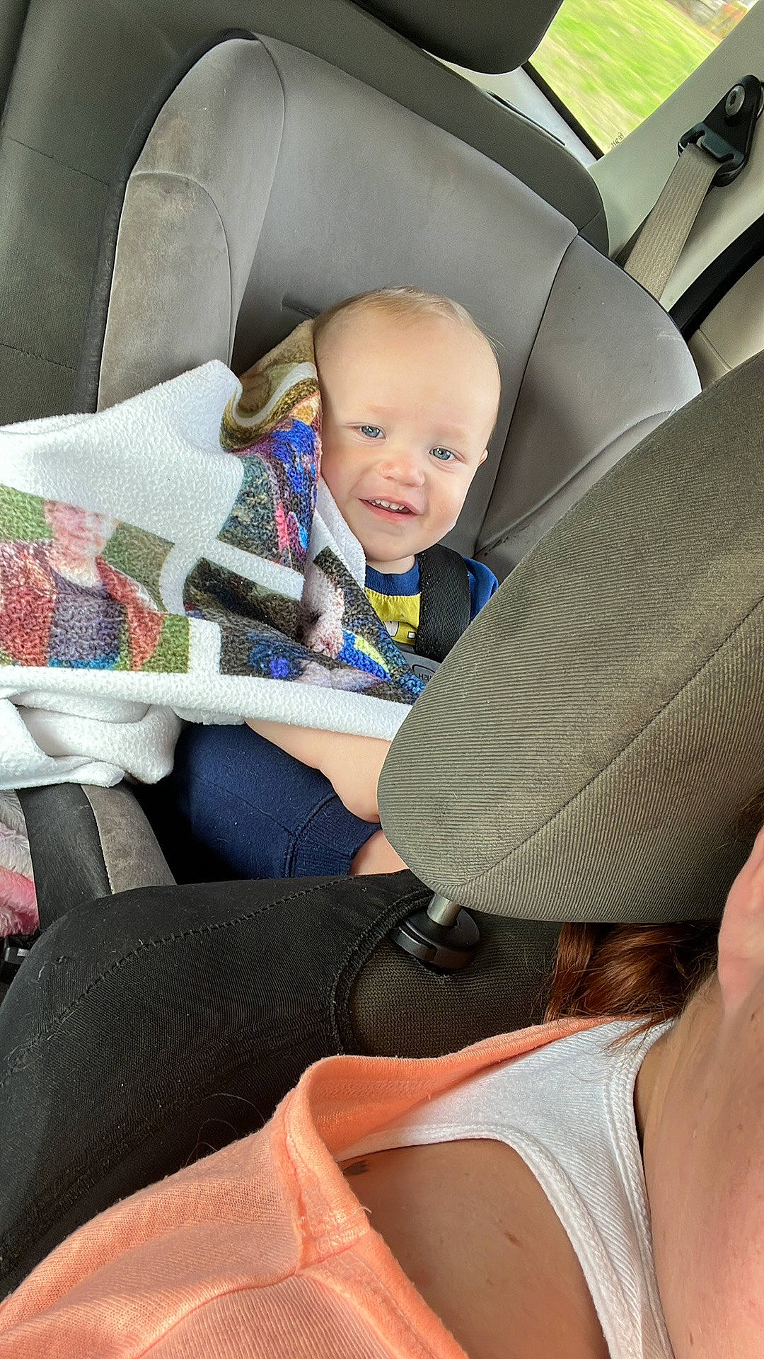 Weston is registered to the contest to win money with this photo: auto_part, automotive_design, baby, baby_carriage, baby_products, car_seat, car_seat_cover, child, comfort, head, head_restraint, human_body, lap, leg, motor_vehicle, person, seat_belt, steering_part, thigh, toddler