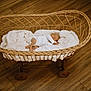 baby, bassinet, blanket, blanket_texture, child, cozy, floor, furniture, indoor, infant, newborn, peaceful, portrait, resting, sleeping, soft, white_clothing, wicker, wood, wooden_floor