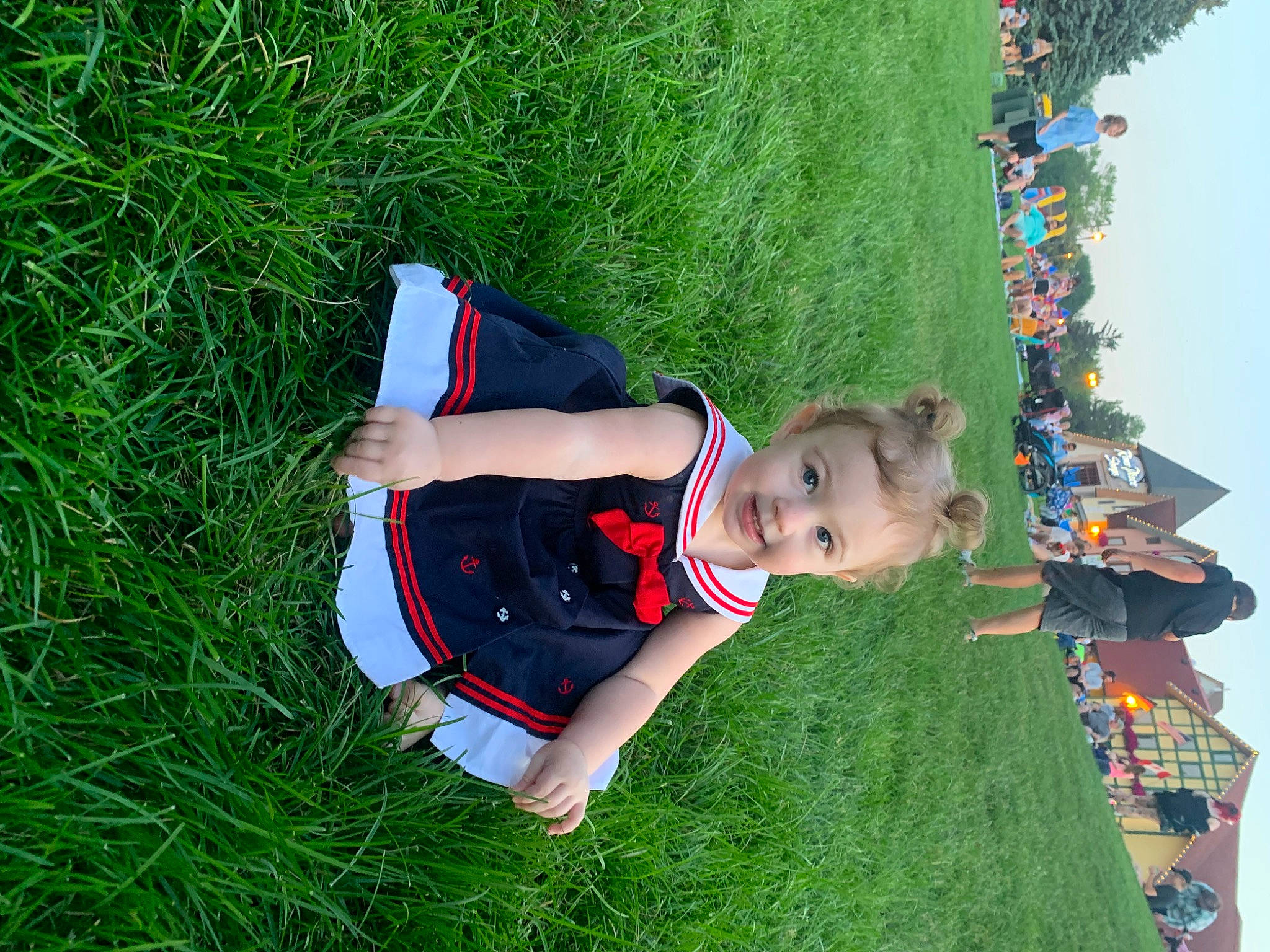 Alora is registered to the contest to win money with this photo: child, fun, garden, grass, grassland, happy, joy, landscape, lawn, leisure, people_in_nature, person, plant, play, recreation, sky, smile, t_shirt, toddler, tree