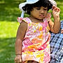 Saanvhi is registered to the contest to win money with this photo: toddler, child, hat, sunhat, dress, floral_dress, plaid_shirt, adult_hand, greenery, park, outdoor, daylight, summer, casual_clothing, footwear, shoes, anklets, curly_hair, skin, person
