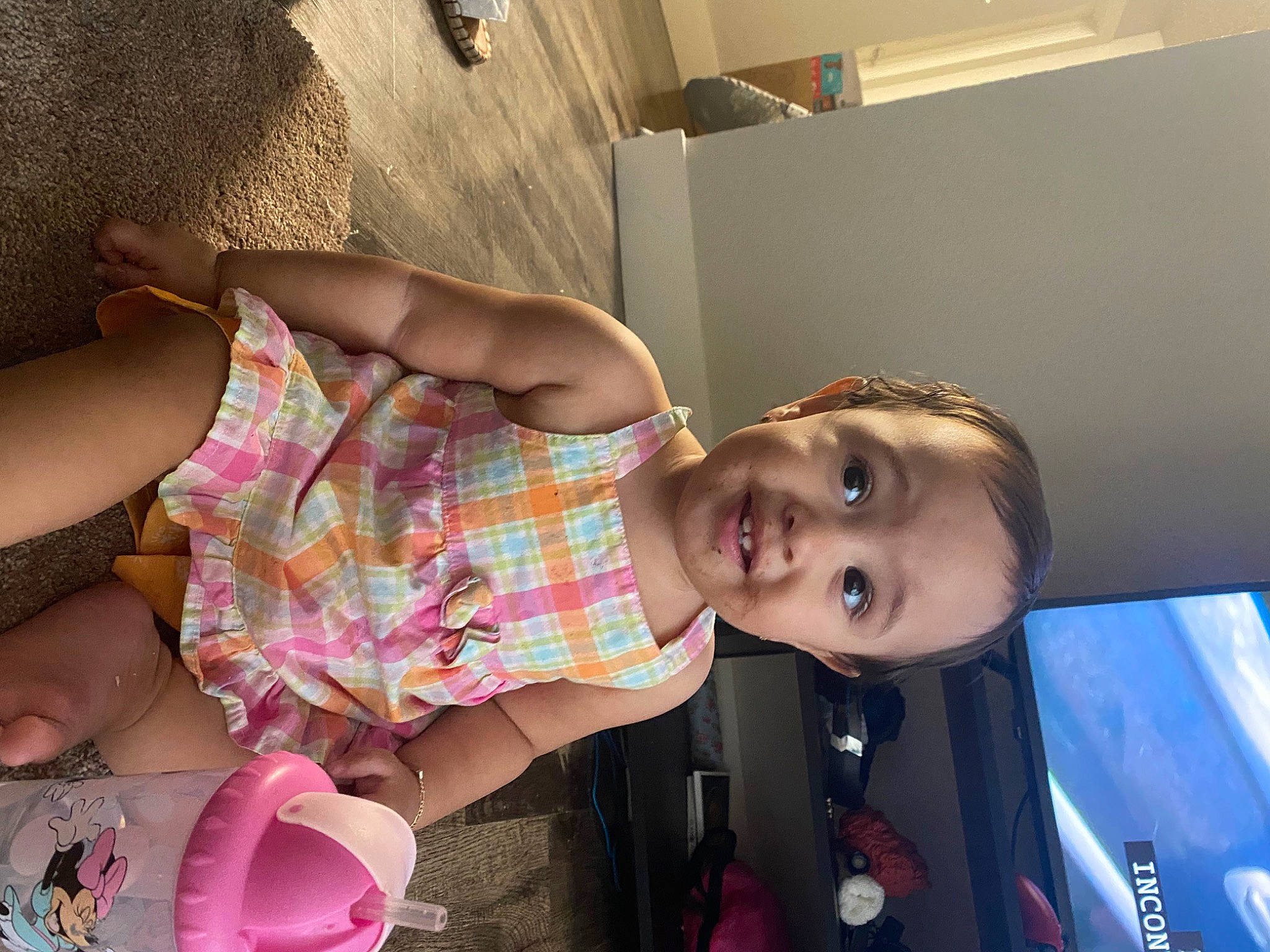 Leila joined the competition — help win amazing prizes! abdomen, baby, baby_products, chest, child, fun, happy, human_leg, leisure, mouth, nose, pattern, person, room, sitting, skin, smile, sweetness, thigh, toddler