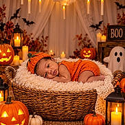 Halo joined the competition — help win amazing prizes! autumn, baby, basket, bats, blanket, candles, child, cozy, festive, ghost_decoration, halloween, indoor, infant, jack_o_lantern, knitted_hat, lanterns, orange_outfit, portrait, pumpkins, sleeping