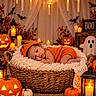 autumn, baby, basket, bats, blanket, candles, child, cozy, festive, ghost_decoration, halloween, indoor, infant, jack_o_lantern, knitted_hat, lanterns, orange_outfit, portrait, pumpkins, sleeping