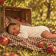 Halo joined the competition — help win amazing prizes! baby, infant, child, lying_down, portrait, face, eyes_open, outdoor, orchard, apple, apples, wooden_crate, blanket, checkered_pattern, grass, nature, warm_lighting, rustic, sunlight, still_life