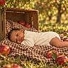 baby, infant, child, lying_down, portrait, face, eyes_open, outdoor, orchard, apple, apples, wooden_crate, blanket, checkered_pattern, grass, nature, warm_lighting, rustic, sunlight, still_life