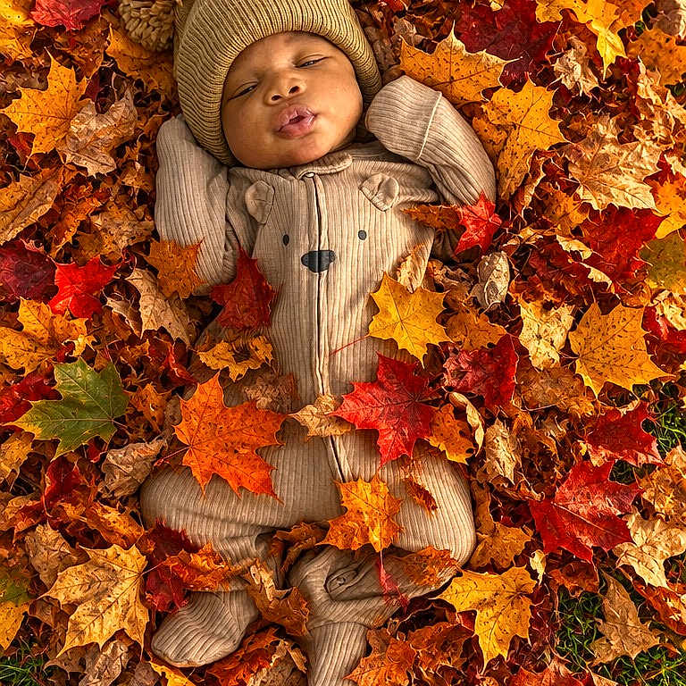 Halo is registered to the contest to win money with this photo: baby, infant, child, portrait, autumn, leaves, maple_leaves, outdoor, nature, grass, cozy, hat, beanie, brown_clothing, onesie, lying_down, sleeping, face, cute, seasonal