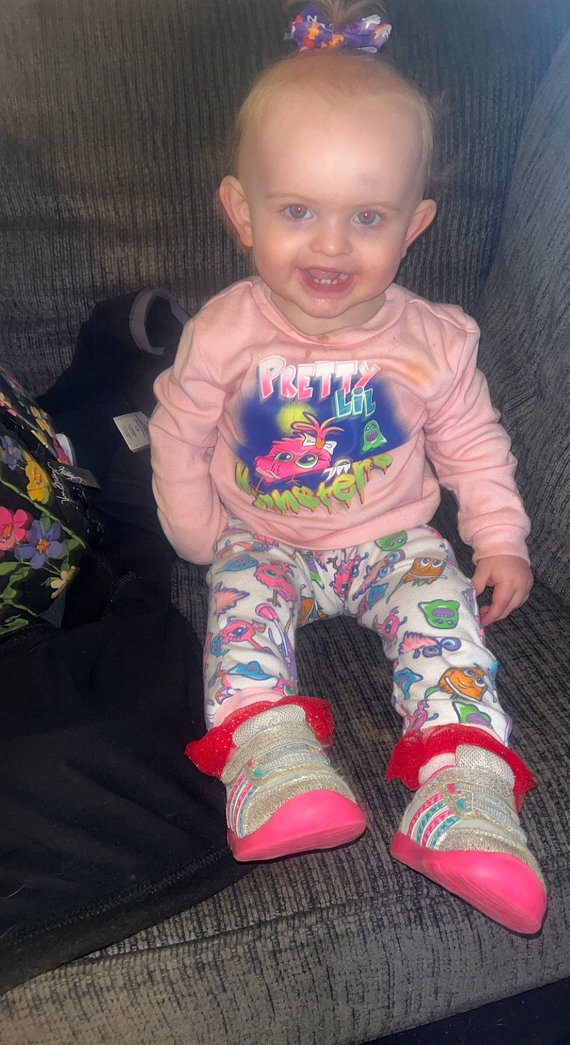 Scarlet joined the competition — help win amazing prizes! baby, baby_toddler_clothing, cheek, child, comfort, cool, eye, face, foot, joy, leg, pattern, person, pink, sitting, skin, sleeve, smile, sock, t_shirt