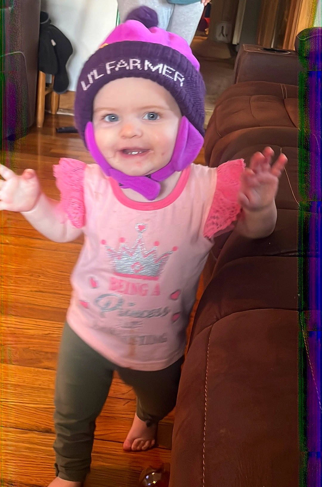 Scarlet joined the competition — help win amazing prizes! baby, baby_toddler_clothing, baseball_cap, cap, child, fashion_accessory, fun, happy, headwear, joy, leisure, magenta, pattern, person, personal_protective_equipment, pink, plaid, purple, sleeve, smile