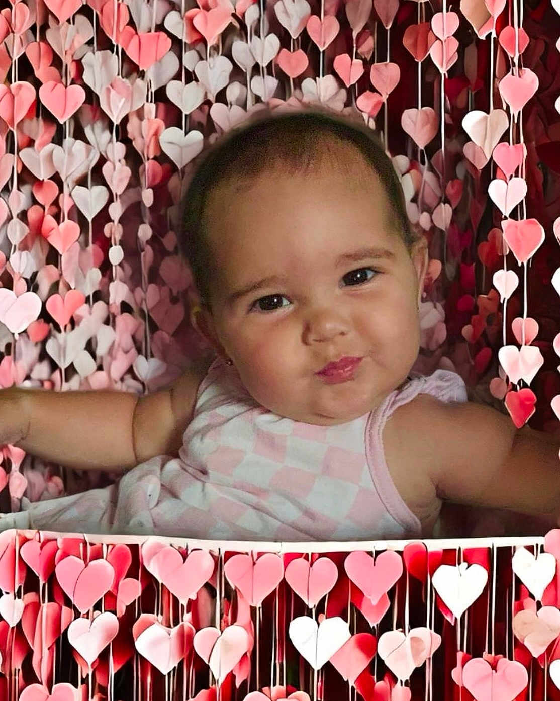 Sky joined the competition — help win amazing prizes! accessories, baby, clothing, crib, dress, face, furniture, happy, head, heart, infantbed, jewelry, necklace, newborn, person, photography, portrait, sitting, smile, symbol