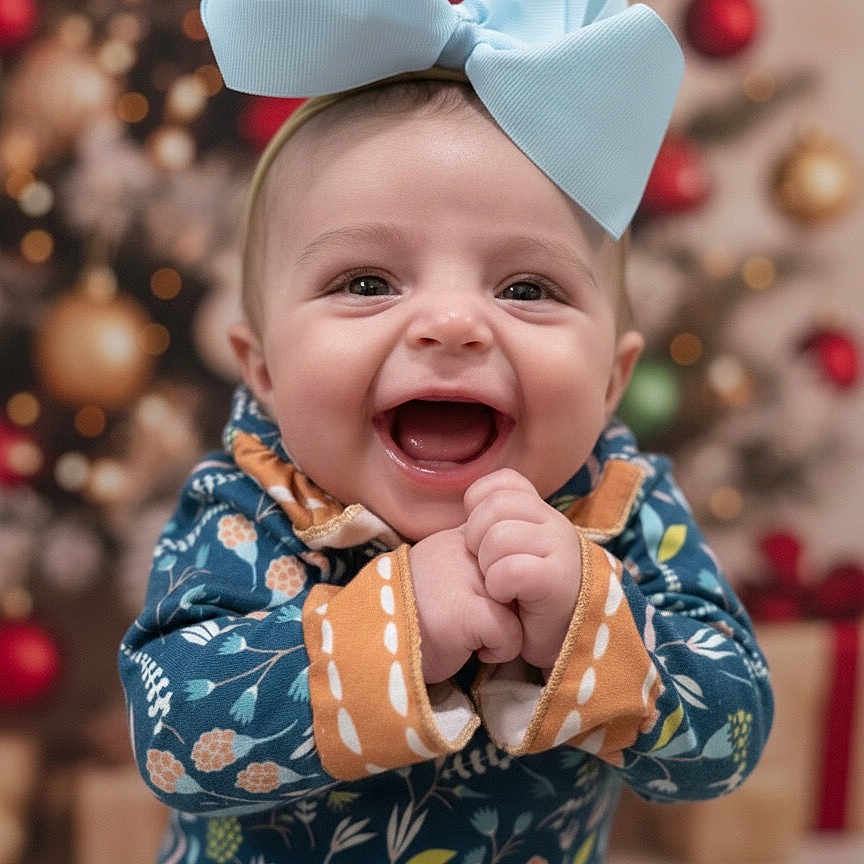 Lynnox joined the competition — help win amazing prizes! baby, blue_bow, celebration, child, christmas_tree, colorful_clothing, cute, decorations, eyes, face, floral_outfit, hands_clasped, happy, holiday_background, indoors, infant, joyful, mouth_open, portrait, smiling