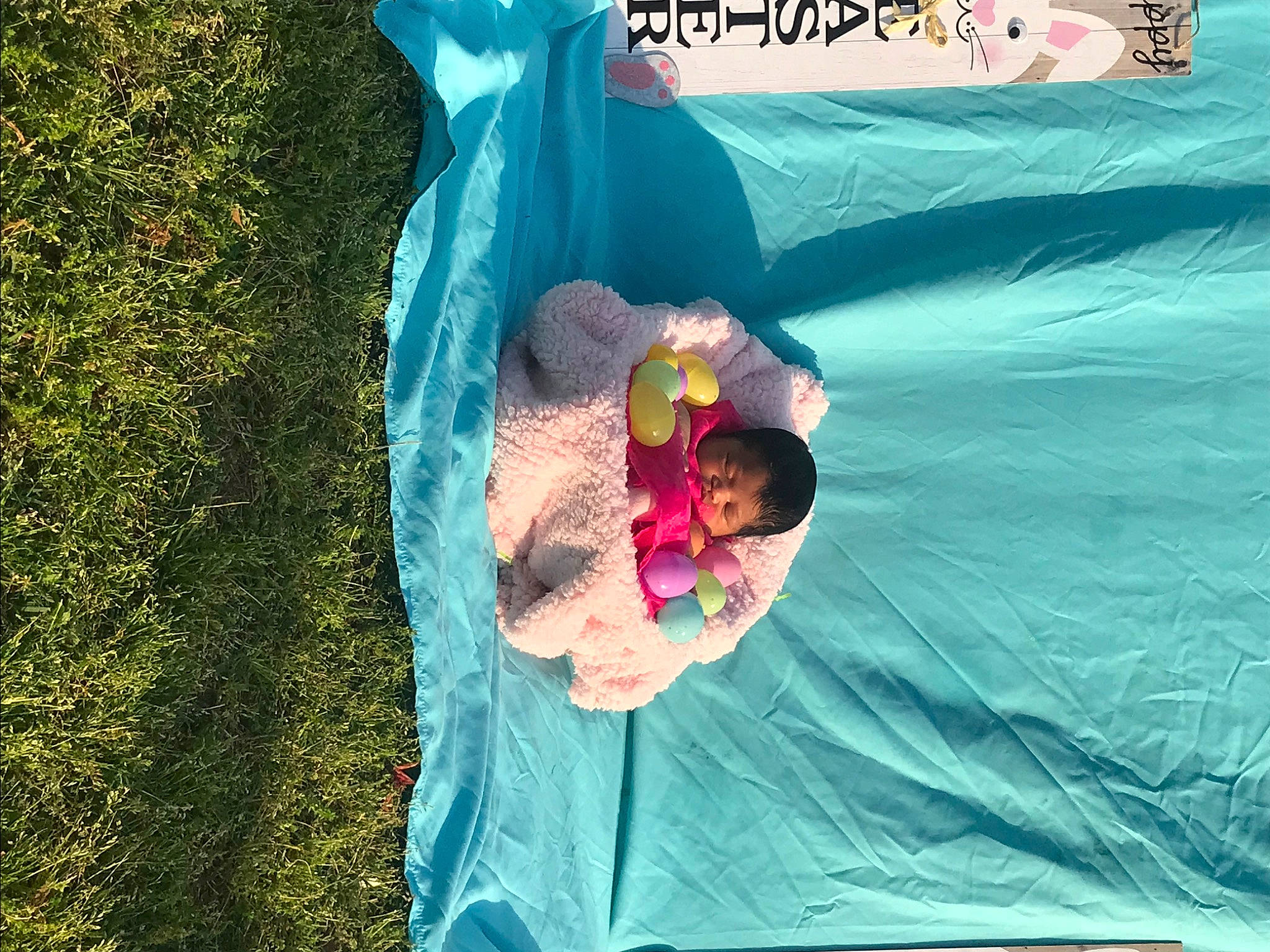Zamiyah joined the competition — help win amazing prizes! child, flower, fun, grass, green, happy, inflatable, leisure, linens, magenta, people_in_nature, person, petal, plant, play, recreation, sitting, sunglasses, toddler, visual_arts