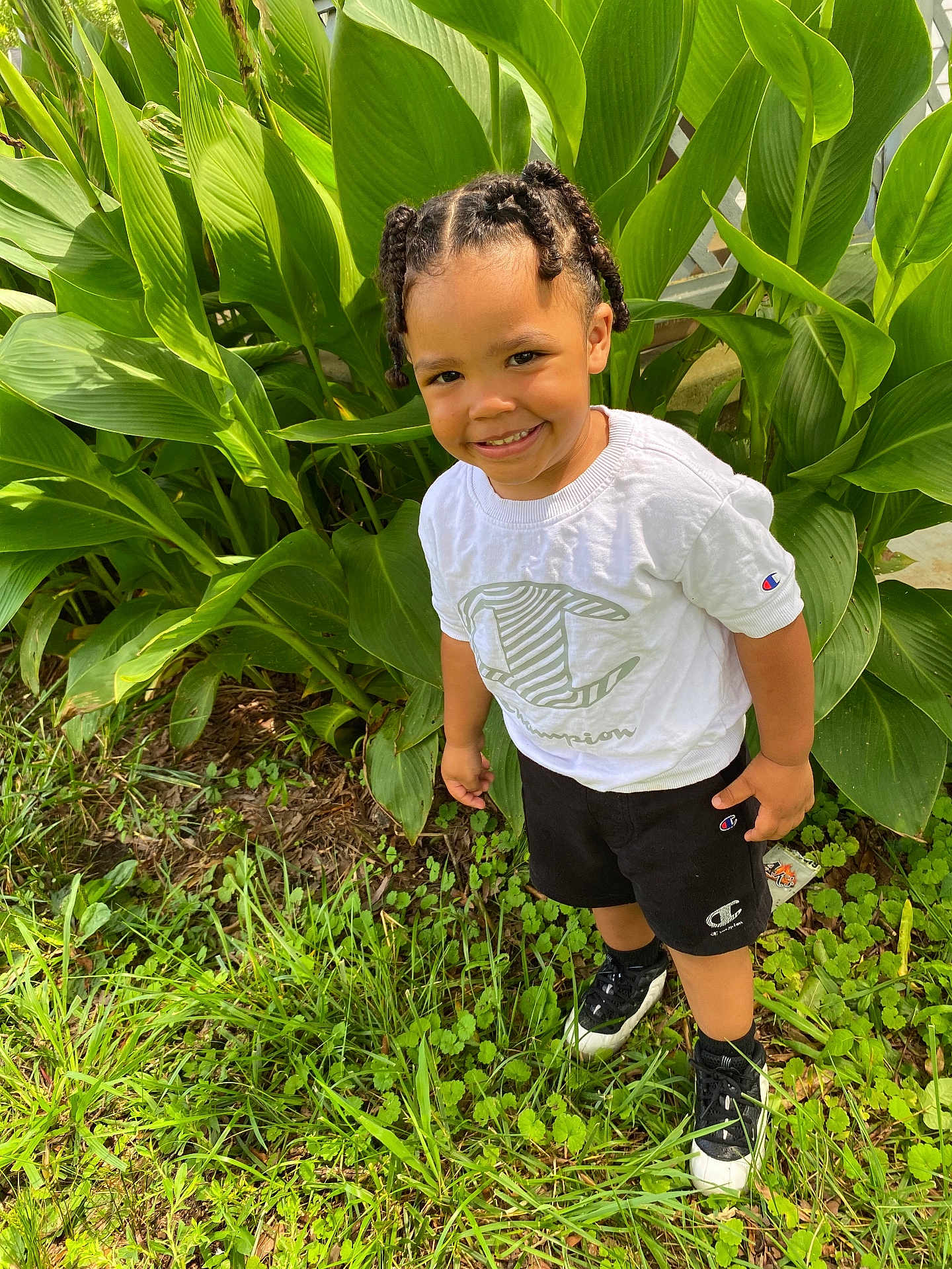 Kamarion is registered to the contest to win money with this photo: child, smiling, outdoor, greenery, plants, grass, white_shirt, black_shorts, braided_hair, young_child, happy, nature, casual_clothing, footwear, portrait, sunlight, daylight, standing, person, fashion