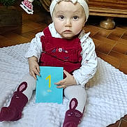 Elhya a rejoint le concours — aidez-le/la à gagner de superbes lots ! baby, blanket, bunny_socks, card, child, christmas_tree, cute, decor, floor, headband, holiday, indoor, number_one, ornament, portrait, red_clothing, sitting, soft_texture, tile, wooden_furniture