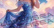 Djulia participe au concours pour gagner de l'argent avec cette photo : child, clouds, colorful, cosmic, crown, dress, fantastical, fantasy, galaxy, girl, glowing, illustration, long_hair, magic, nebula, orb, portrait, princess, space, stars