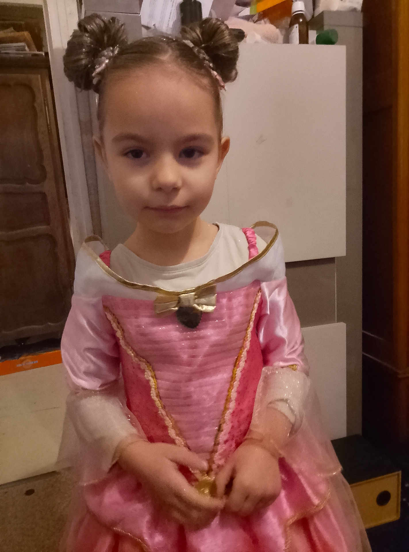 Djulia participe au concours pour gagner de l'argent avec cette photo : child, girl, princess, pink_dress, costume, portrait, hair_buns, hands, indoor, cabinet, furniture, bottle, bow, sparkle, young_child, clutching, serious_expression, party_costume, toy, home