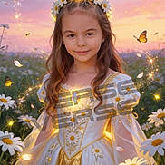 Djulia a rejoint le concours — aidez-le/la à gagner de superbes lots ! butterfly, child, costume, daisy, dress, fairy_tale, fantasy, field, flower, flower_crown, girl, light, magic, nature, outdoor, portrait, smile, sparkle, sunset, young