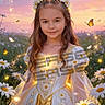 butterfly, child, costume, daisy, dress, fairy_tale, fantasy, field, flower, flower_crown, girl, light, magic, nature, outdoor, portrait, smile, sparkle, sunset, young