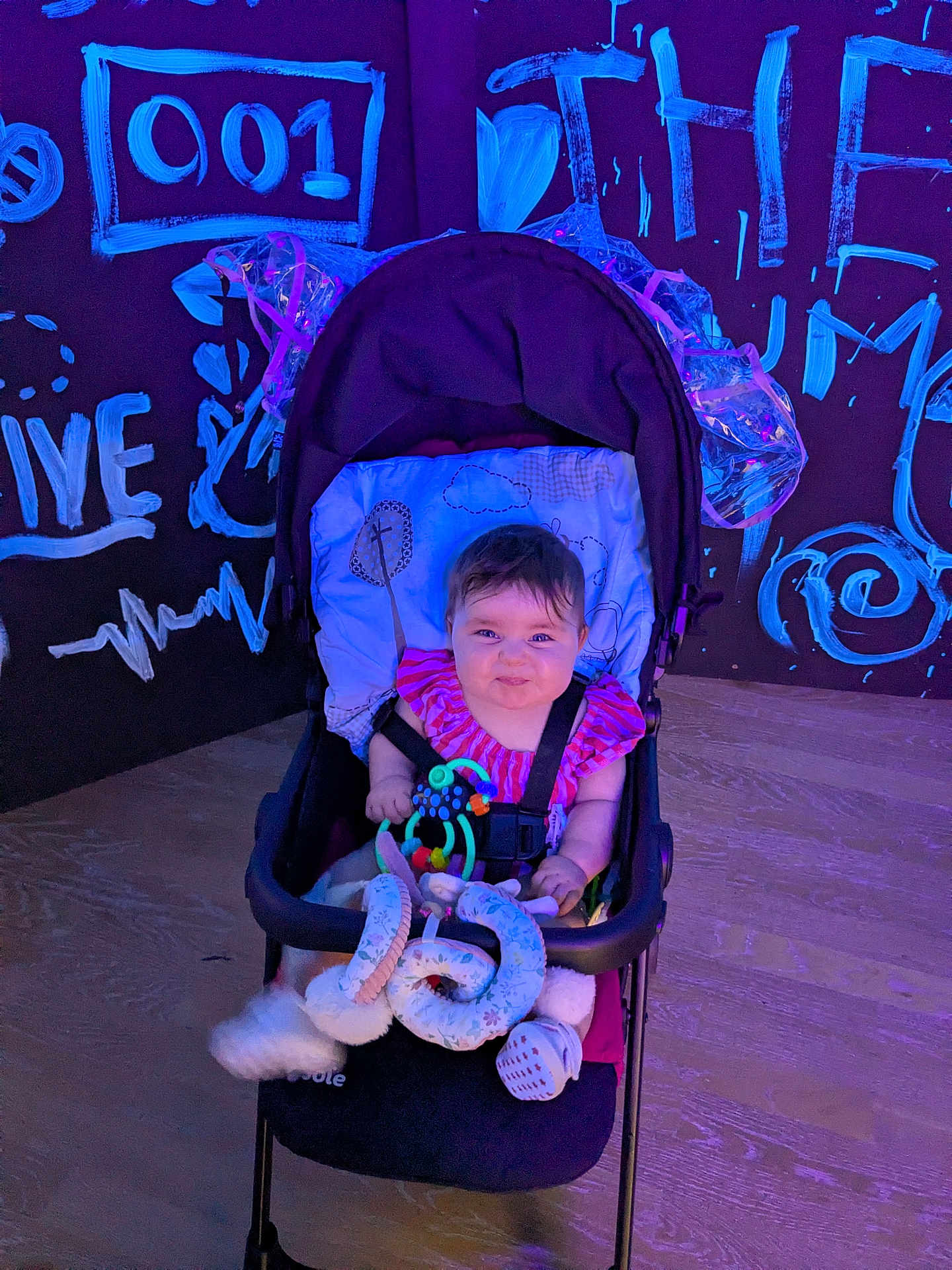 Laylah Mae is registered to the contest to win money with this photo: baby, stroller, toy, child, indoor, smiling, colorful, clothing, face, seat, floor, graffiti, background, wall, wooden_floor, person, happy, playful, infant, cute