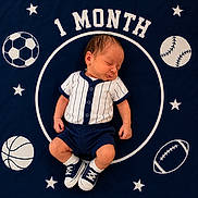 Juan Antonio is registered to the contest to win money with this photo: baby, baseball, basketball, blanket, blue, circle, clothing, cute, football, infant, milestone, newborn, one_month, portrait, sleeping, sneakers, soccer_ball, sports_theme, star, text_overlay